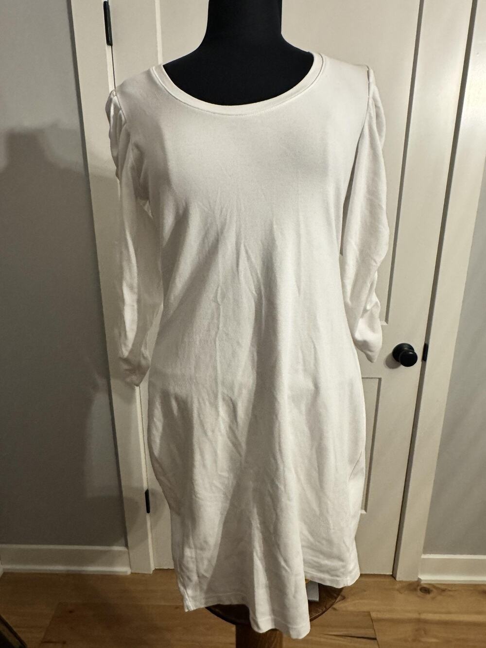 Sundry Dress Sz 2 White Modal Ruched Puff Sleeve T Shirt Knee Length USA Comfy